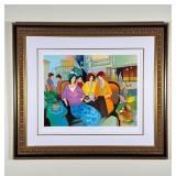 ITZCHAK TARKAY (1935-2012) | "Outdoor Bistro" by Israeli artist Itzchak Isaac Tarkay, showing women 