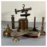 (6pc) BRASS ANTIQUES | Including a torch (h. 9-1/2 in.); two Bunsen burners; two oil lamp variations