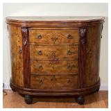 PAINT DECORATED CABINET | Painted wood cabinet having a bank of four drawers flanked by curved doors