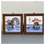 PAIR FRAMED TILES | With a similar hand-painted still life on each tile, in matching gilt frames; ea