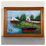 FOLK ART LANDSCAPE | Folk art landscape painting showing boats by a shore, acrylic on wood board, si