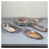 (5pc) SILVERPLATE SERVING ITEMS | Including three long platters (longest 15 in.), a silver-plated st