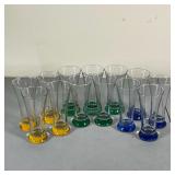 (13pc) DRINKING GLASSES | A colorful set of vase shaped drinking glasses with yellow, blue, and gree