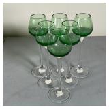 (6pc) LONG STEM CORDIAL GLASSES | With green cups and clear stems; h. 7 in.