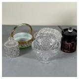 (7pc) SMALL GLASS VESSELS | Includes lidded crystal sugar bowl; crystal footed candy dish; glass lid