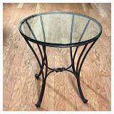GLASS SIDE TABLE | Round glass top side / accent table with four legged metal frame; h. 21-1/2 x dia