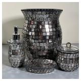 (4pc) BATHROOM SET | Reflective mosaic design; includes a small trash can (h. 10 x dia. 8-1/4 in.), 
