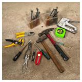 BOX of ASSORTED TOOLS | Hammers, various screw drivers, staple gun, knife, tape measure