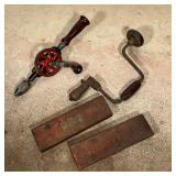 (4pc) ANTIQUE TOOLS | Including mechanical drills [no electricity] and boxed "Tap and Die Set"; 14 i