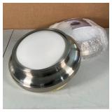 PAIR BRUSHED STEEL CEILING LAMPS | Two ceiling light fixtures with round base and raised frosted gla