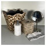 (4pc) BATHROOM ACCESSORIES | Including a cosmetic mirror on stand (h. 11 in.), a white marble soap d