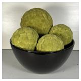 CENTER BOWL & DÉCOR | Including a large black glass bowl (h. 8 x dia. 15 in.) with four decorative g