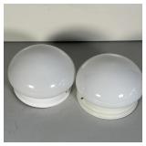 PAIR WHITE CEILING LIGHTS | A pair of simple white bulbous close-to-ceiling lights by Progress Light