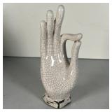 (2pc) DECORATIVE ITEMS | Including a pottery hand model with stylized crazing, no apparent marks (h.