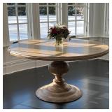 PEDESTAL DINING TABLE | Heavy solid wood top with metal reinforcements over an oversized pedestal ba