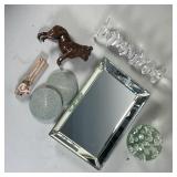 (7pc) MISC. DÉCOR | Decorative items, including a mirrored tray (8-1/4 x 12 in.), a nambe glass cand