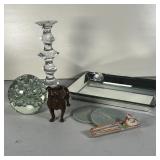bubble glass paperweight; a sculpted ceramic wall decal with rooster; a hollowed bronze dog [missing