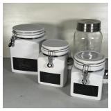 (4pc) KITCHEN CANNISTERS | Kitchen storage containers including a set of 3 white ceramic hinged lid 