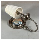 sconce in old nickel finish with a convex mirror back and a tapered cream fabric shade; h. 12 x w. 6