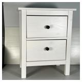 WHITE SIDE TABLE | Nightstand / end table in allover white paint with two drawers, each with a black