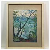 1961 LANDSCAPE PAINTING | Gouache on paper, lush lakeside landscape, signed lower right "Daniele Gil