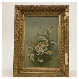 FLORAL OIL PAINTING | Oil on canvas floral still life painting showing butterflies around daisies, n
