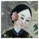 Chinese mirror: young woman in a blue robe with bat motif; overall 22 x 16 in. [crack/separation of 