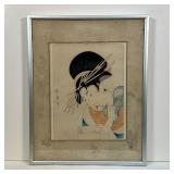 JAPANESE WOODBLOCK | Japanese woodblock print showing a woman with many hairpins, signed left margin