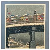 JAPANESE WOODBLOCK PRINT | Snowy scene showing figures with umbrellas on a bridge, with stamp and se