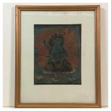 THANGKA PAINTING | Small thangka painting matted and framed showing a blue god seated before flames;