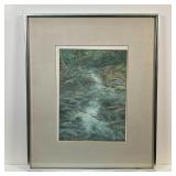 painting on paper, showing an abstract river landscape with rushing water, signed lower left, matted