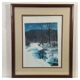 TERRY MIHLRAD LITHOGRAPH | Lithographic print of a snowy landscape by a stream, titled lower center 
