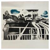 ABSTRACT PRINT | Abstract print, likely hand-colored, showing an athletic field before a mountainous