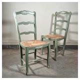 PAIR FRENCH STYLE LADDERBACK CHAIRS | Painted in a seafoam green with rush seats; h. 38 x w. 18 x d.