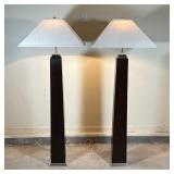 PAIR MODERN / DECO LAMPS | Chrome and wood with oversize shades and chrome finials; h. 69 x 26 x 26 