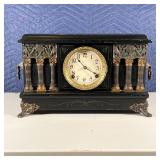 FAUX MARBLE CLOCK | The face with Arabic numerals, flanked by decorative columns; h. 11 x w. 18 x d.