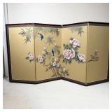 JAPANESE FLOOR SCREEN | Painted four panel screen showing birds and cherry blossoms, appearing in ov
