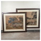 PAIR PAINTED SILK JAPANESE SCREENS | Courtyard scenes with figures, painted on silk, matted and fram