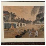 PAIR PAINTED SILK JAPANESE SCREENS | Courtyard scenes with figures, painted on silk, matted and fram
