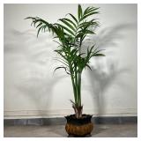 PAINTED TOLE JARDINIERE | Paint decorated, square form planter having four feet with a faux bamboo p