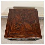 antique wood top, nicely figured and arranged in a star pattern, on an iron frame, with label to und