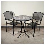 (3pc) PATIO SET | Outdoor furniture set, including a tile top table and a pair of armchairs; table h
