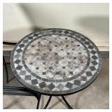 Outdoor furniture set, including a tile top table and a pair of armchairs; table h. 30 x dia. 28 in.