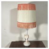 WHITE ONYX BOUDOIR LAMP | Table lamp with two carved birds and an ornate tassel shade