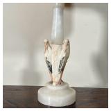 WHITE ONYX BOUDOIR LAMP | Table lamp with two carved birds and an ornate tassel shade