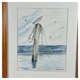 a beach scene and seascape with perched bird in matching frames, all signed by Elinorr Kochis, appea
