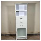 open shelves over three drawers over a cabinet door with frosted glass panel