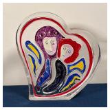 LAMB ART GLASS | Heart-shaped decorative glass with two figures, marked on the bottom; h. 6-1/2 in.