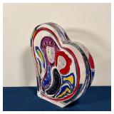 LAMB ART GLASS | Heart-shaped decorative glass with two figures, marked on the bottom; h. 6-1/2 in.