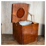 EARLY COMMODE | Having a hinged lid with lidded chamber pot inside; h. 18 x w. 16 X d. 16-1/2 in.